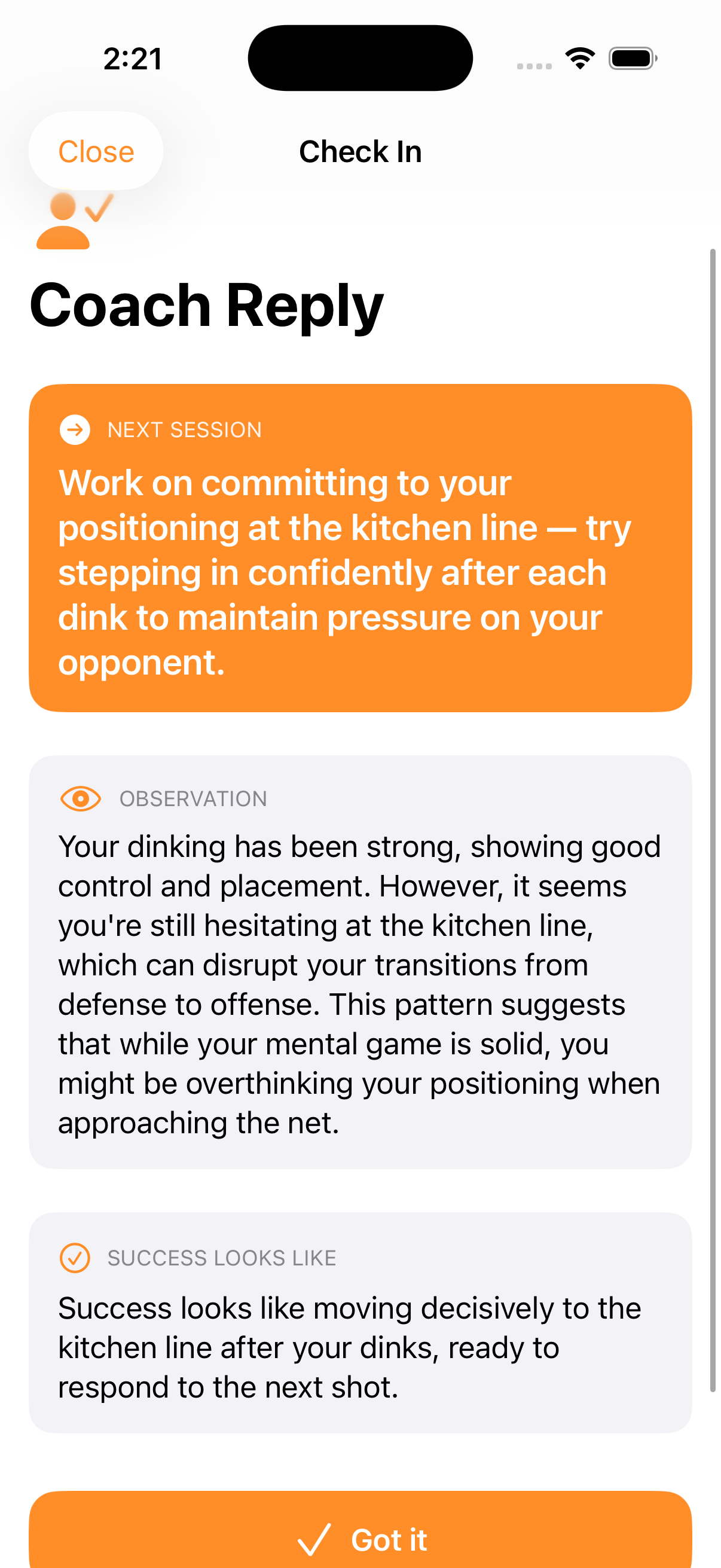 PostPoint coach reply showing the one thing to work on next session, what stood out, and why it matters